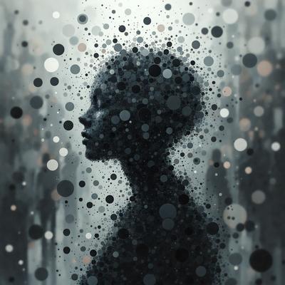 The primary subject of the image is a woman's head, which is the main focus of the scene. The setting is a dark, moody environment, with a background of dots and circles. The visual style is a combination of a photo and digital art, creating a unique and intriguing image. The colors and mood are predominantly dark, with the dots and circles adding a sense of depth and complexity to the overall atmosphere.